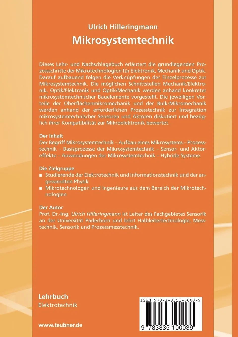 Rückseite: 9783835100039 | Mikrosystemtechnik | Prozessschritte, Technologien, Anwendungen | Buch