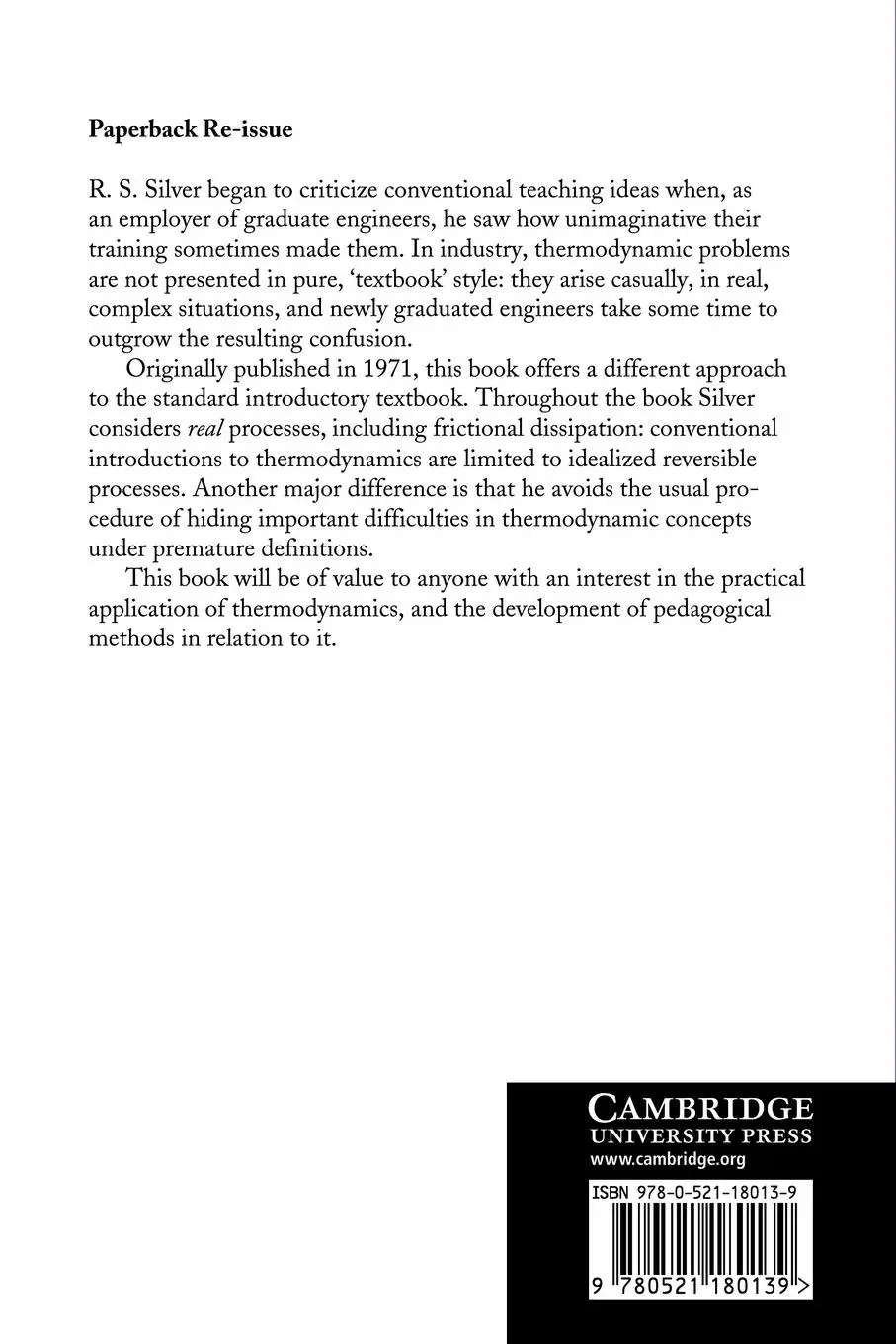 Rückseite: 9780521180139 | An Introduction to Thermodynamics | R. S. Silver | Taschenbuch | 2010