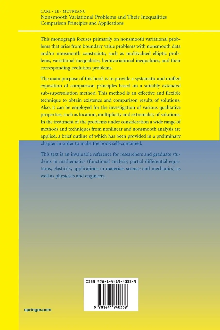 Rückseite: 9781441940339 | Nonsmooth Variational Problems and Their Inequalities | Carl (u. a.)