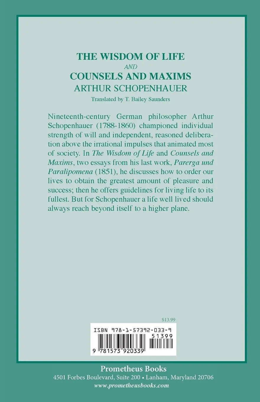 Rückseite: 9781573920339 | The Wisdom of Life and Counsels and Maxims | Arthur Schopenhauer