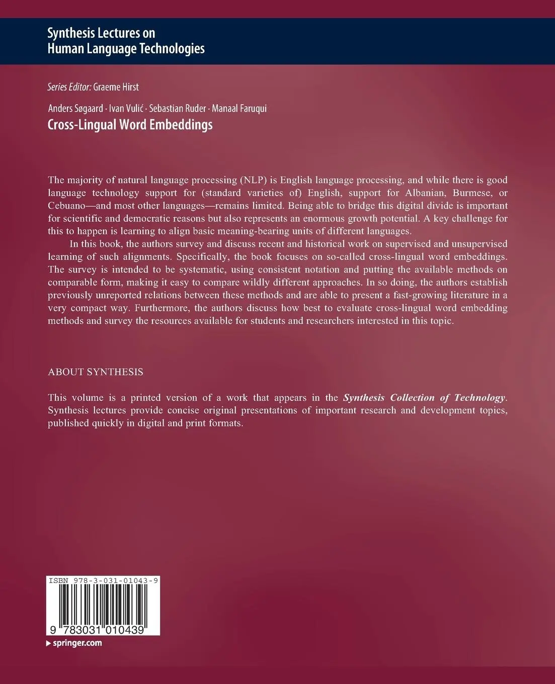 Rückseite: 9783031010439 | Cross-Lingual Word Embeddings | Anders Søgaard (u. a.) | Taschenbuch