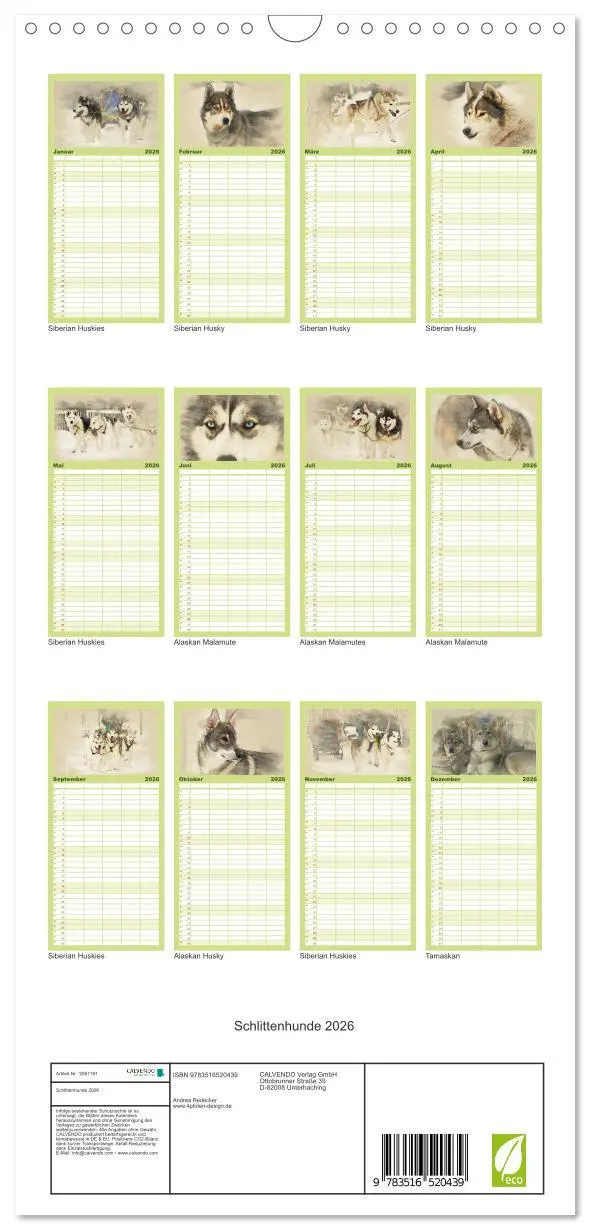 Bild: 9783516520439 | Familienplaner 2026 - Schlittenhunde 2026 mit 5 Spalten...