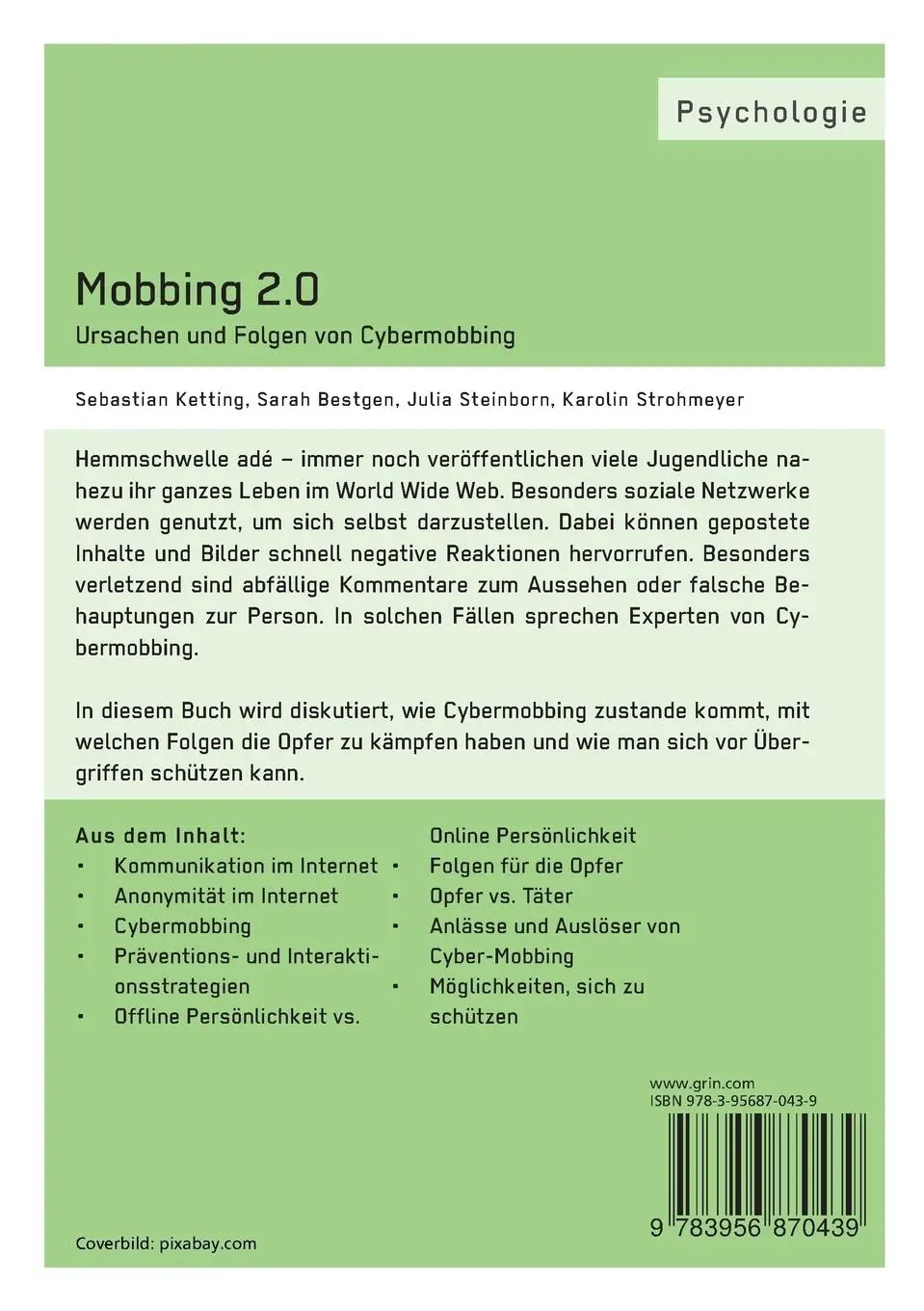 Rückseite: 9783956870439 | Mobbing 2.0 - Ursachen und Folgen von Cybermobbing | Ketting (u. a.)