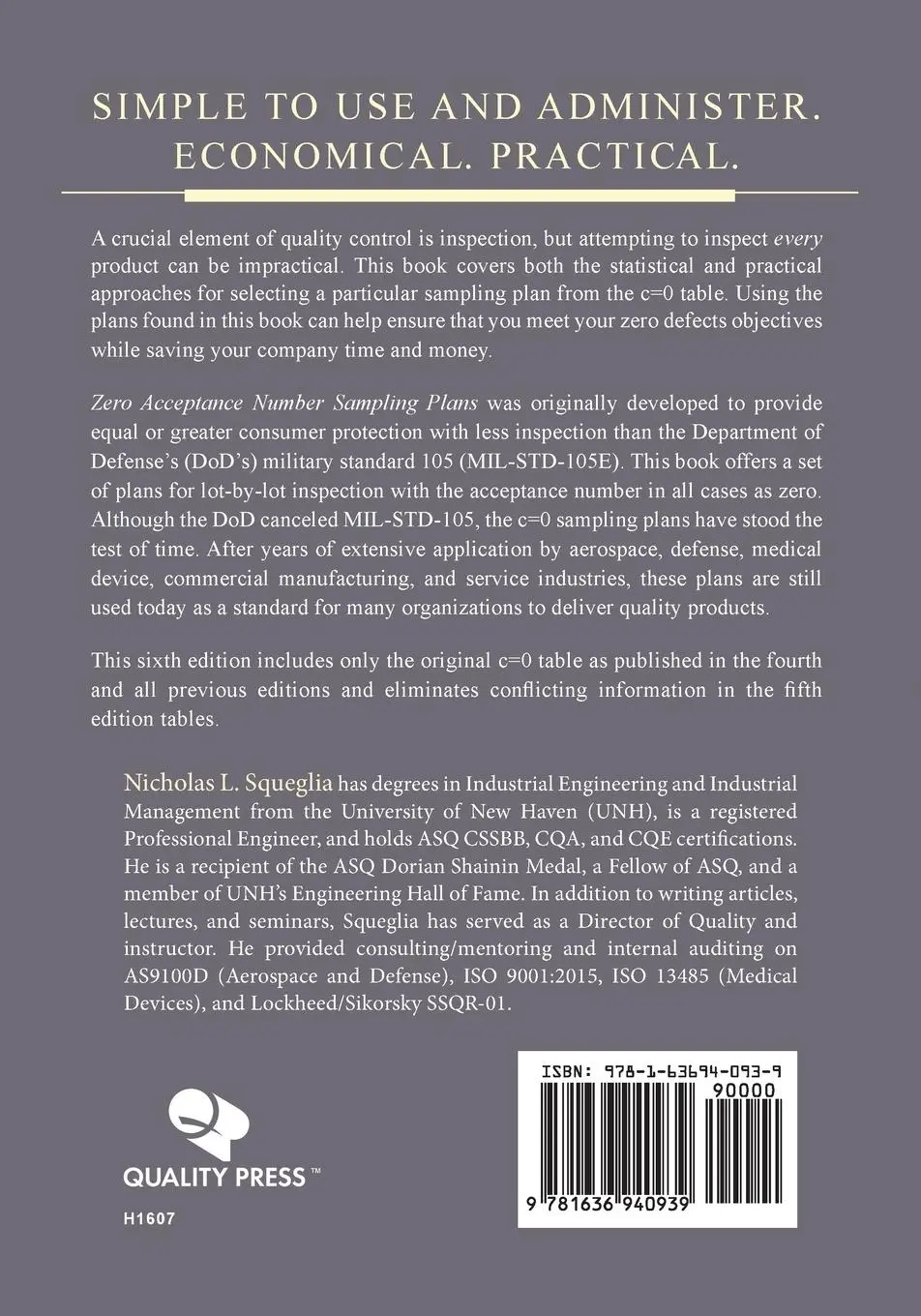 Rückseite: 9781636940939 | Zero Acceptance Number Sampling Plans | Nicholas L. Squeglia | Buch