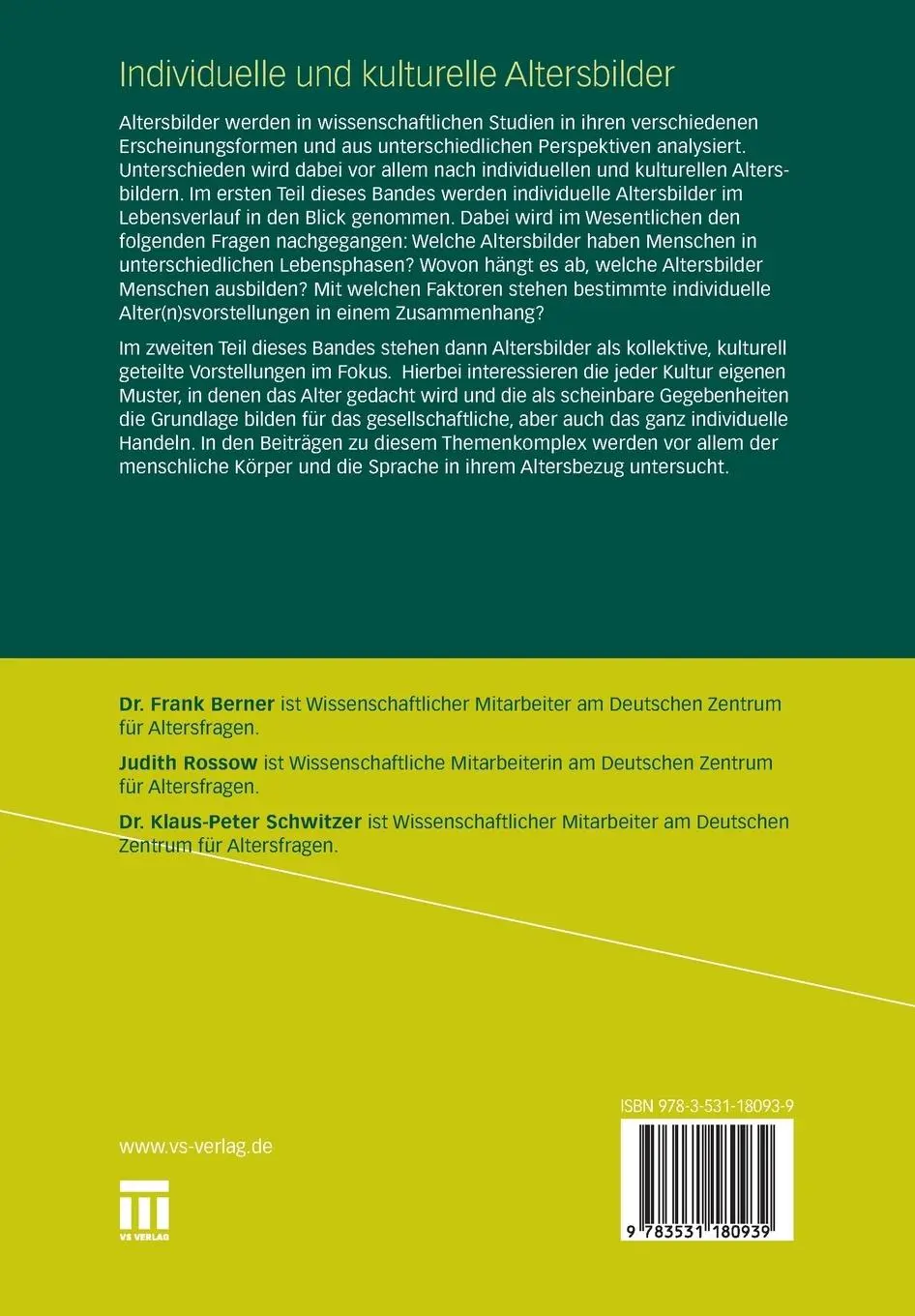 Rückseite: 9783531180939 | Individuelle und kulturelle Altersbilder | Frank Berner (u. a.) | Buch