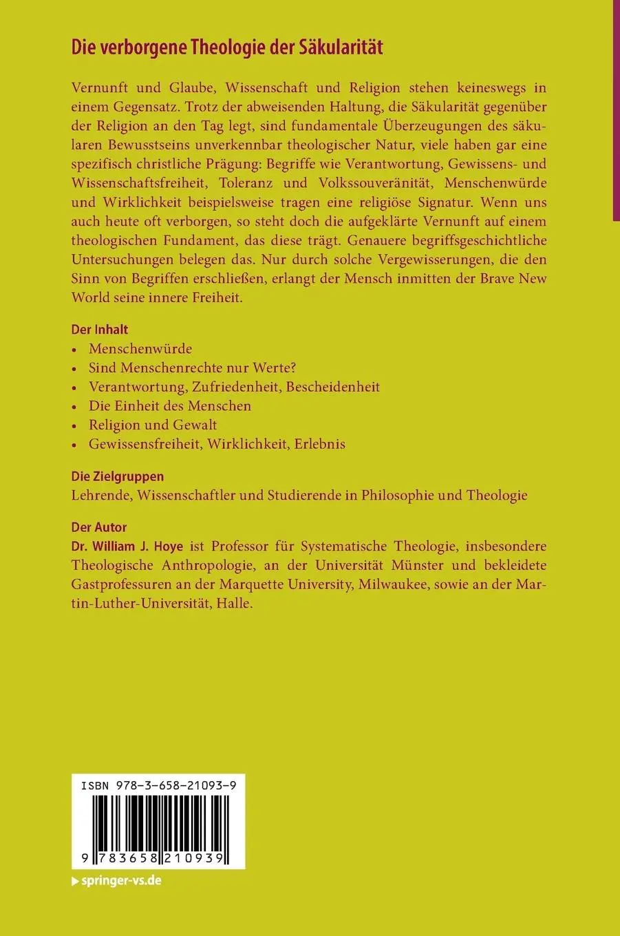 Rückseite: 9783658210939 | Die verborgene Theologie der Säkularität | William J. Hoye | Buch | ix
