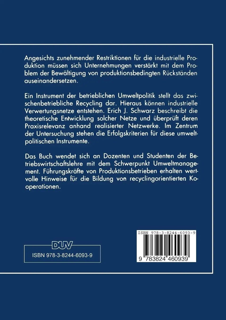 Rückseite: 9783824460939 | Unternehmensnetzwerke im Recycling-Bereich | Erich J. Schwarz | Buch