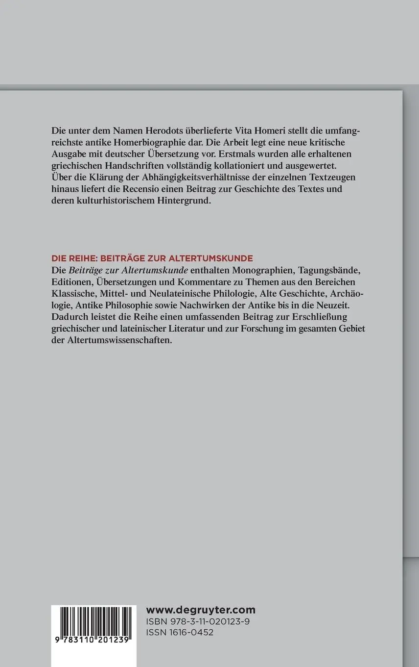 Rückseite: 9783110201239 | Vita Homeri Herodotea | Textgeschichte, Edition, Übersetzung | Buch
