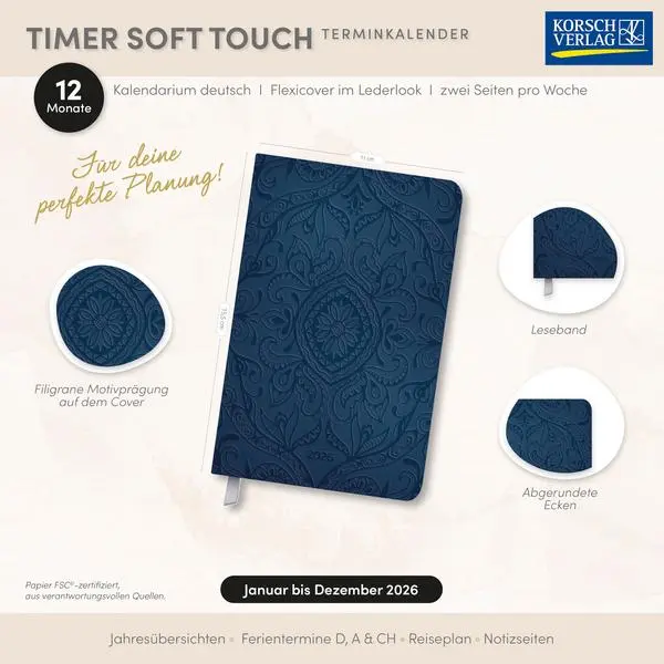 Bild: 9783731891239 | Timer Soft Touch nachtblau 2026 | Verlag Korsch | Buch | 128 S. | 2026