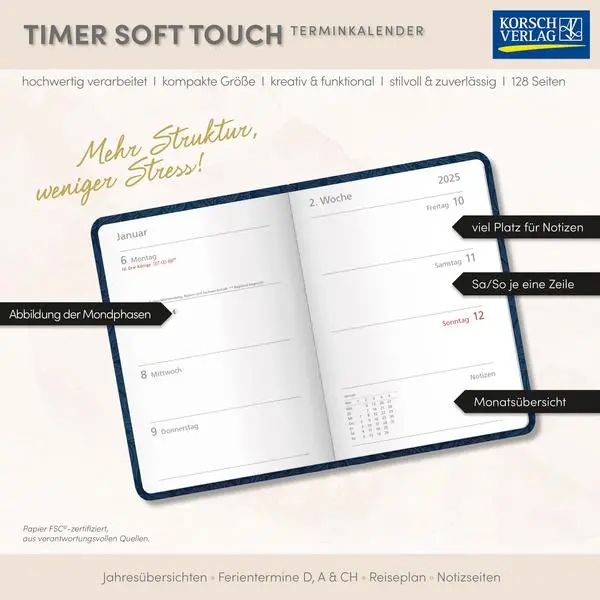 Bild: 9783731891239 | Timer Soft Touch nachtblau 2026 | Verlag Korsch | Buch | 128 S. | 2026