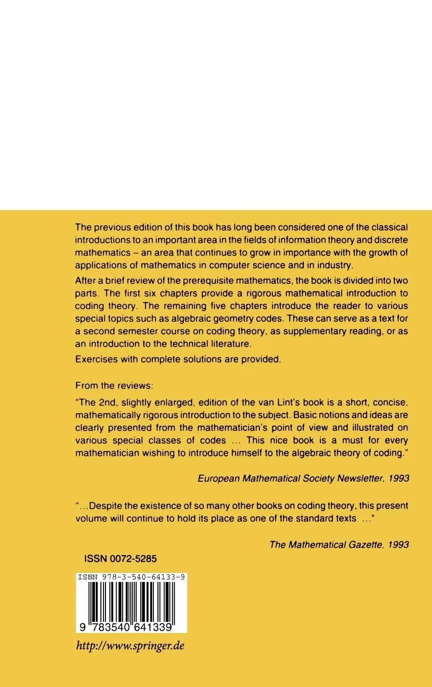 Rückseite: 9783540641339 | Introduction to Coding Theory | J. H. Van Lint | Buch | xiv | Englisch