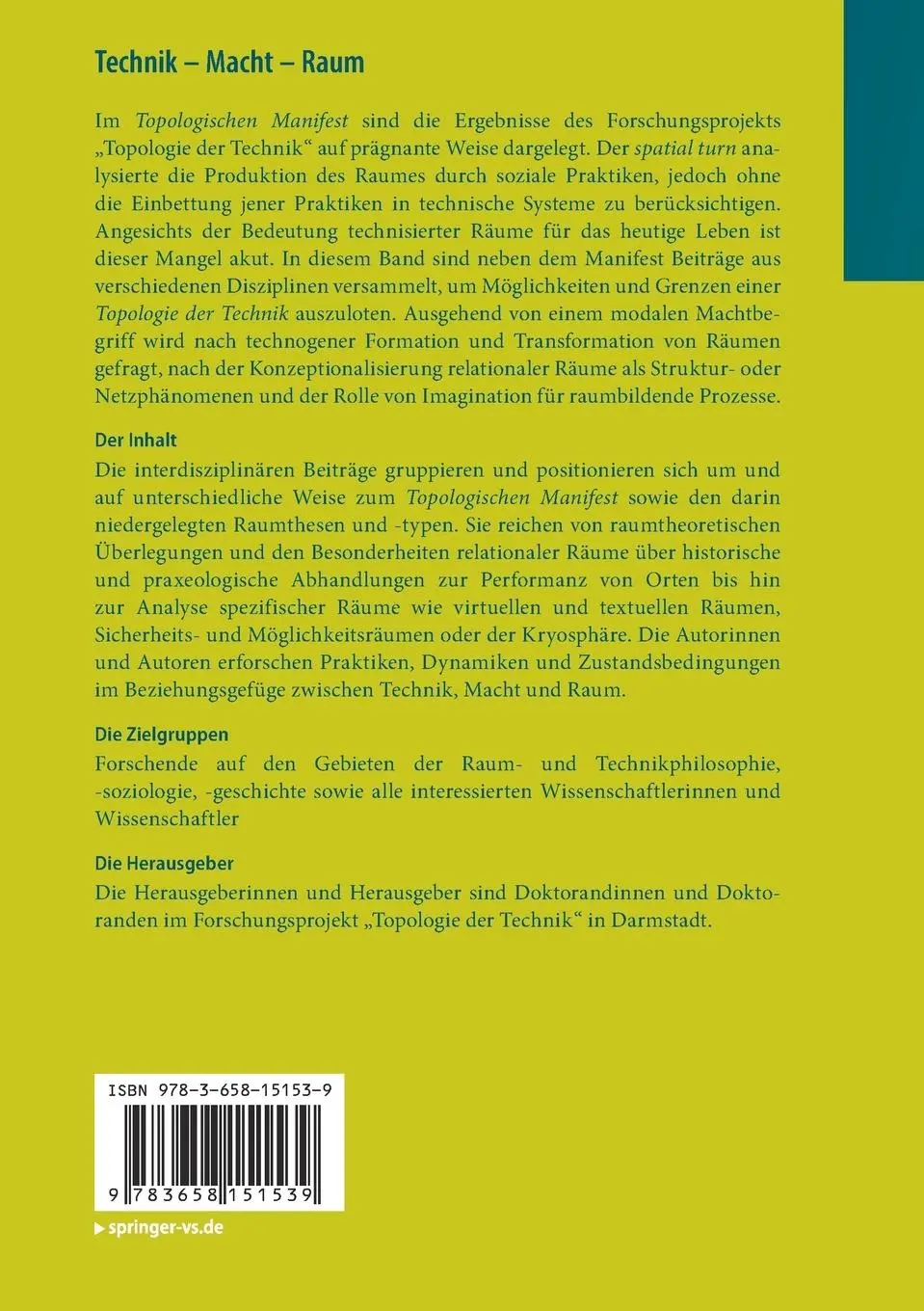 Rückseite: 9783658151539 | Technik - Macht - Raum | Andreas Brenneis (u. a.) | Taschenbuch | 2018