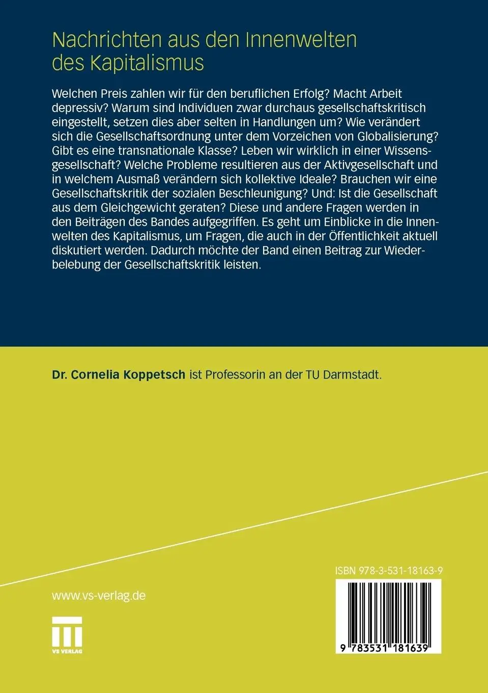 Rückseite: 9783531181639 | Nachrichten aus den Innenwelten des Kapitalismus | Cornelia Koppetsch