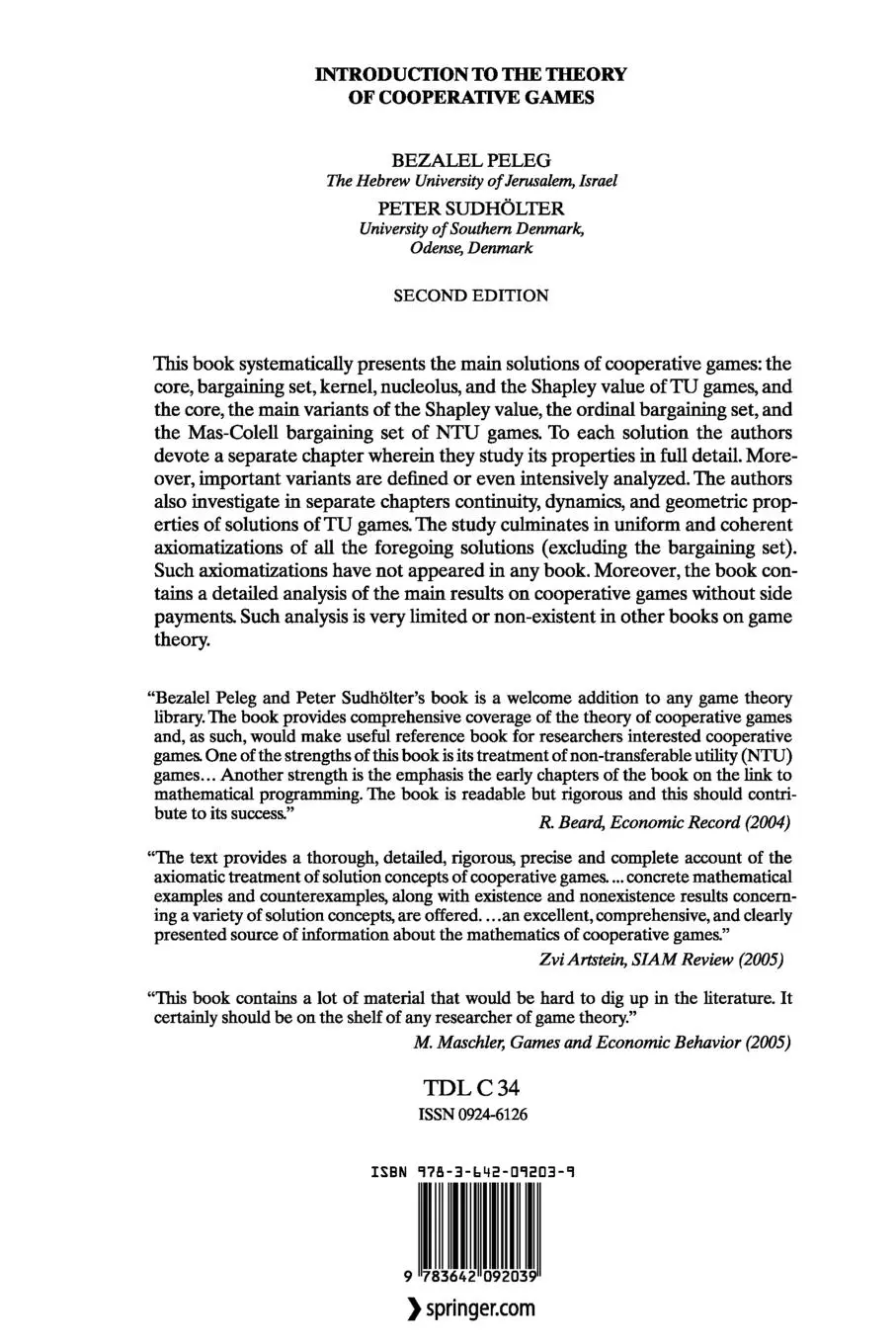 Rückseite: 9783642092039 | Introduction to the Theory of Cooperative Games | Peleg (u. a.) | Buch