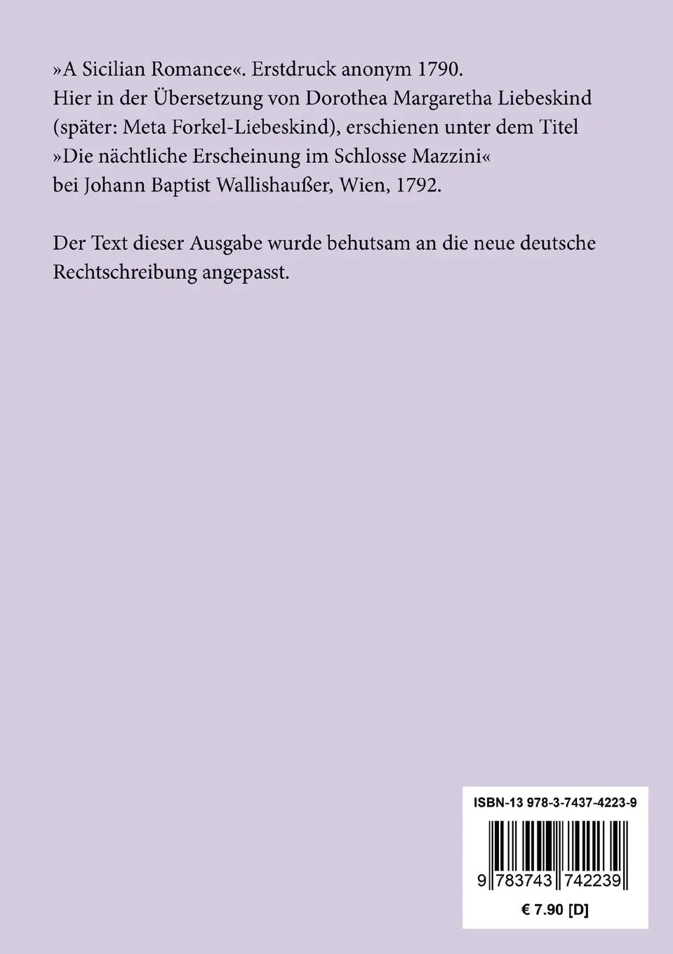 Rückseite: 9783743742239 | Eine sizilianische Romanze | Ann Radcliffe | Taschenbuch | 180 S.