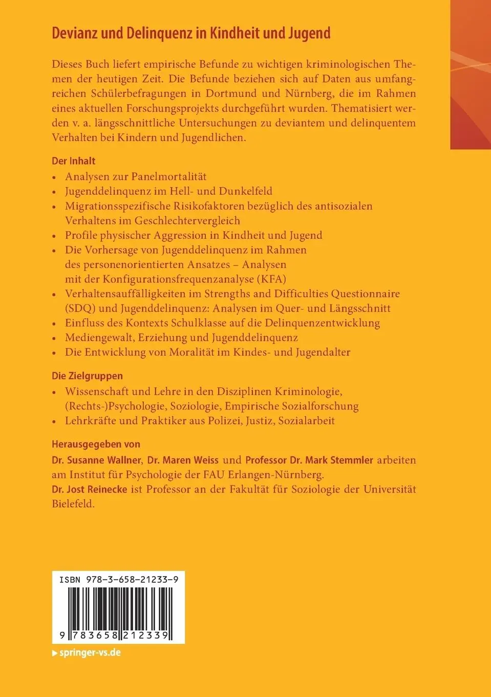 Rückseite: 9783658212339 | Devianz und Delinquenz in Kindheit und Jugend | Wallner (u. a.) | Buch