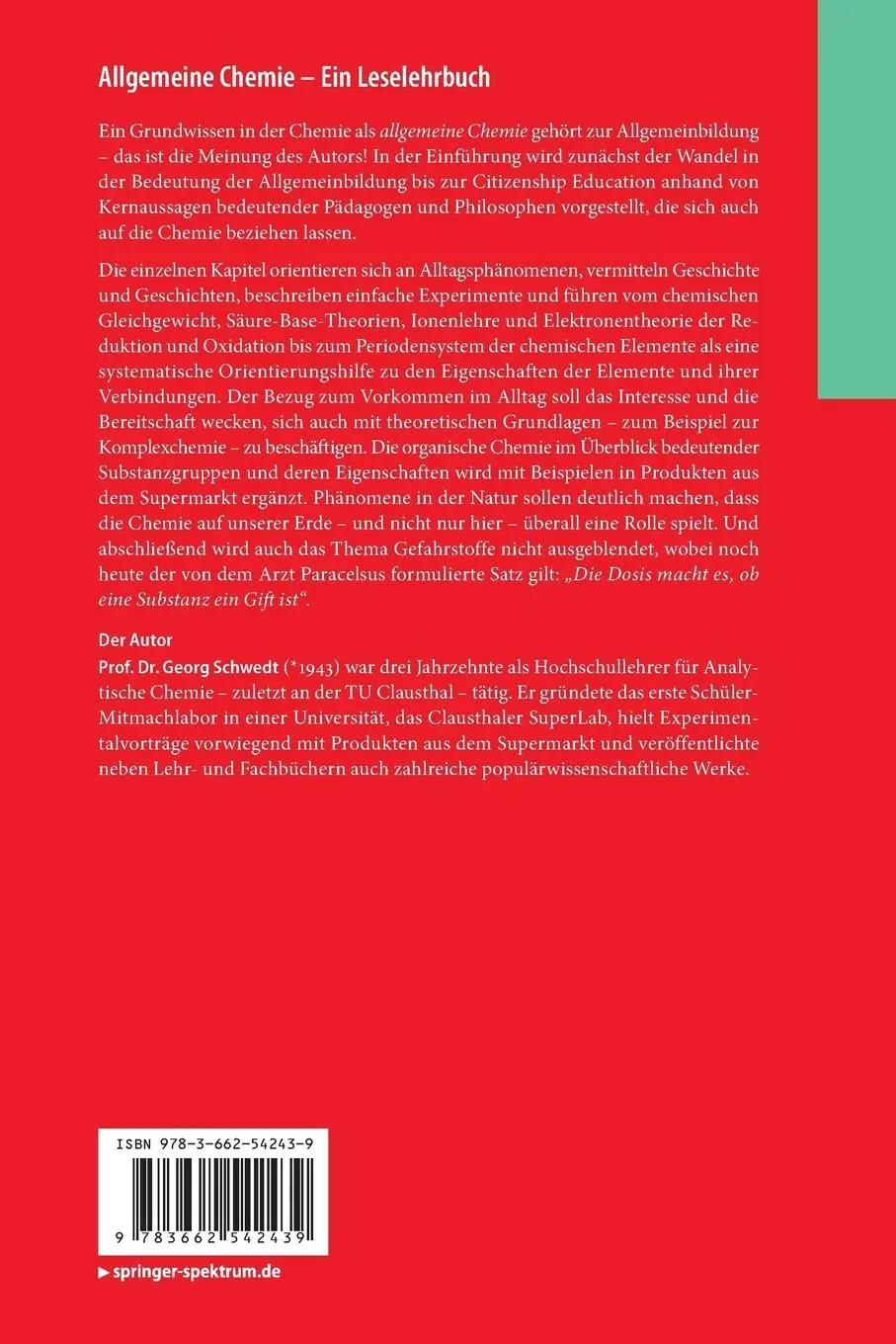 Rückseite: 9783662542439 | Allgemeine Chemie - ein Leselehrbuch | Georg Schwedt | Taschenbuch