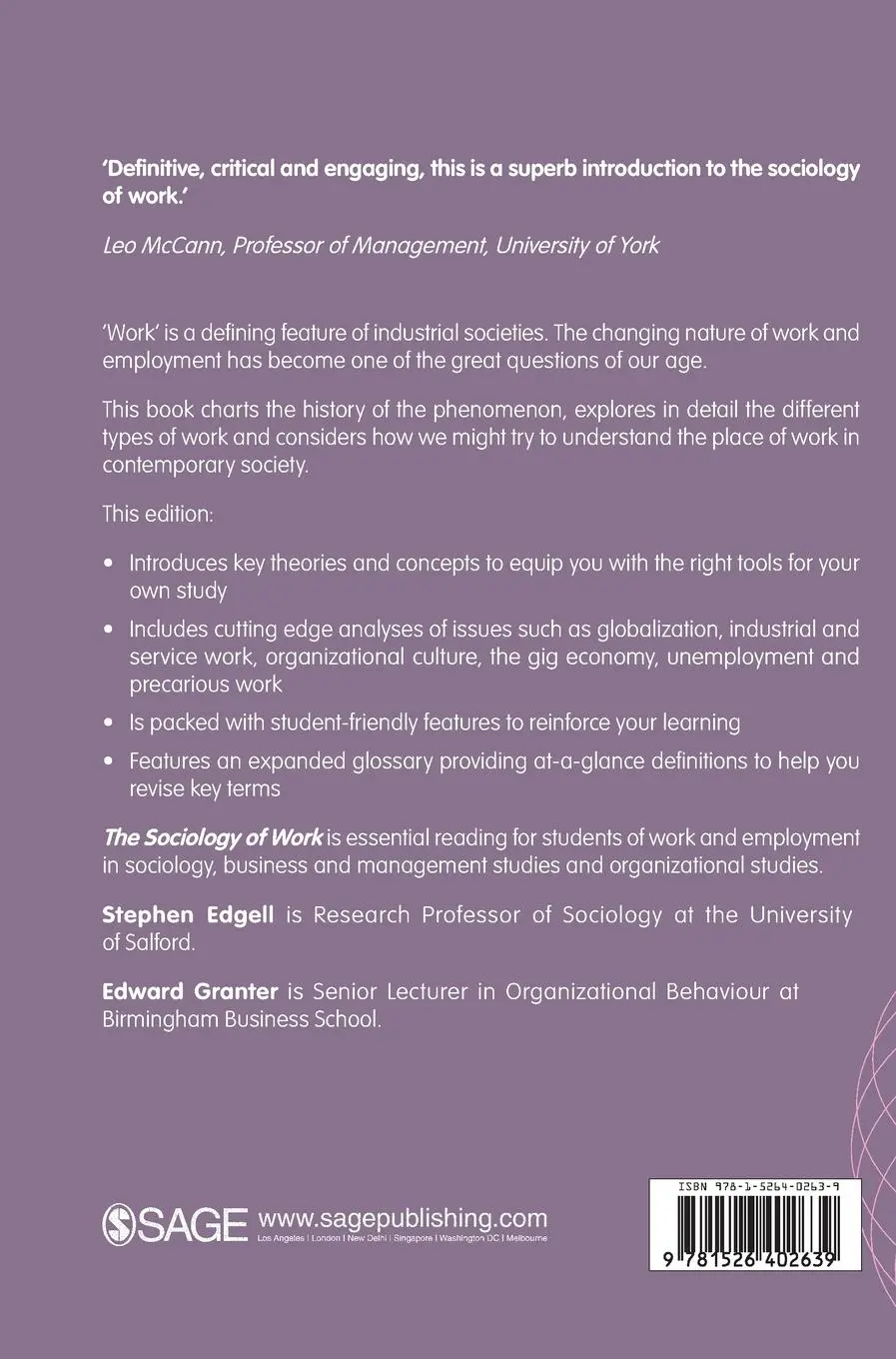 Rückseite: 9781526402639 | The Sociology of Work | Continuity and Change in Paid and Unpaid Work
