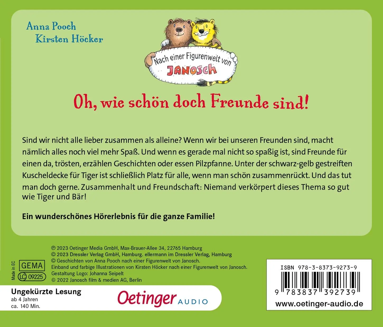 Rückseite: 9783837392739 | Nach einer Figurenwelt von Janosch. Oh, wie schön doch Freunde sind!