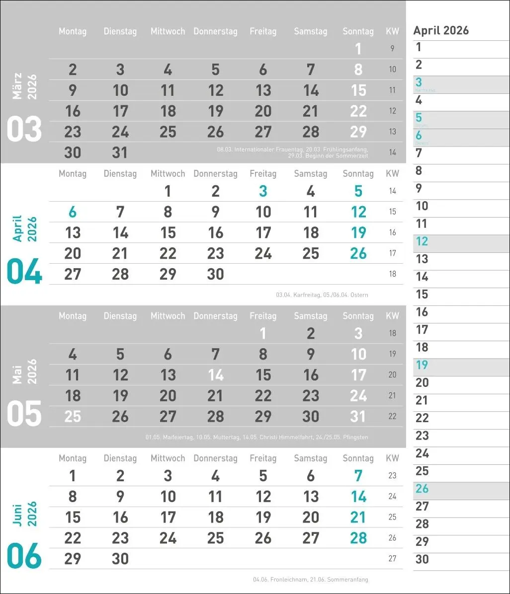 Bild: 9783756412839 | times&amp;more 4-Monatsplaner, türkis 2026 | Heye | Kalender | 12 S.