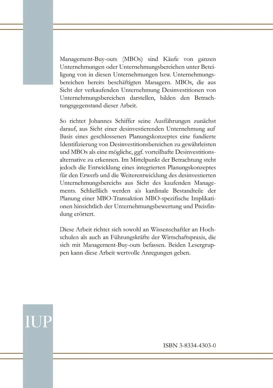 Rückseite: 9783833443039 | Planung von Management-Buy-outs | Johannes Schiffer | Taschenbuch