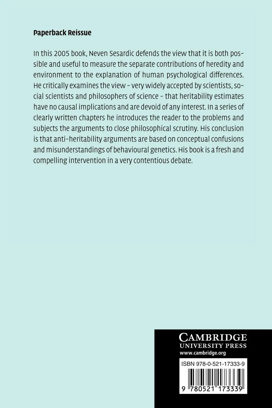 Rückseite: 9780521173339 | Making Sense of Heritability | Sesardic Neven (u. a.) | Taschenbuch