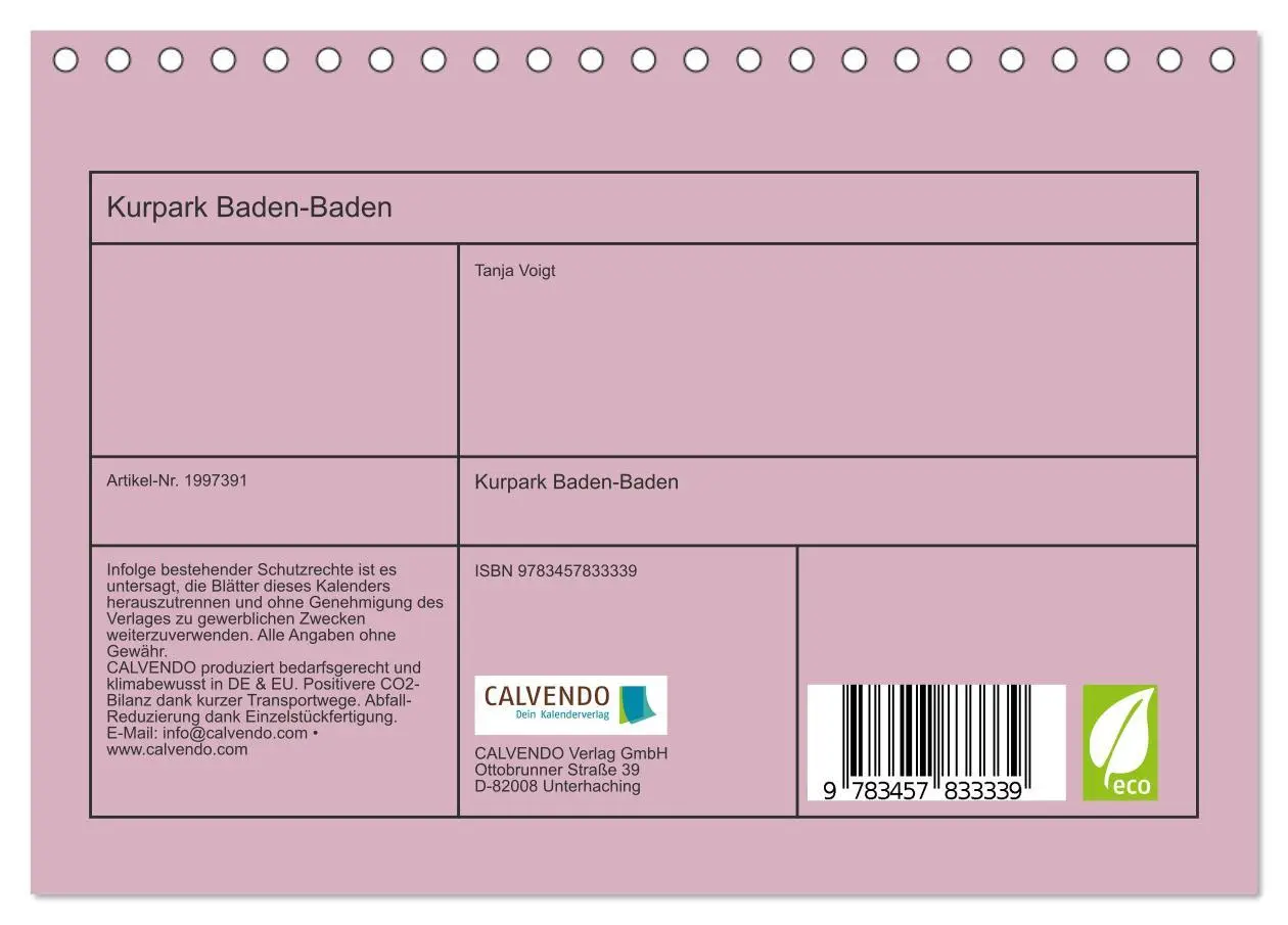 Bild: 9783457833339 | Kurpark Baden-Baden (Tischkalender 2026 DIN A5 quer), CALVENDO...