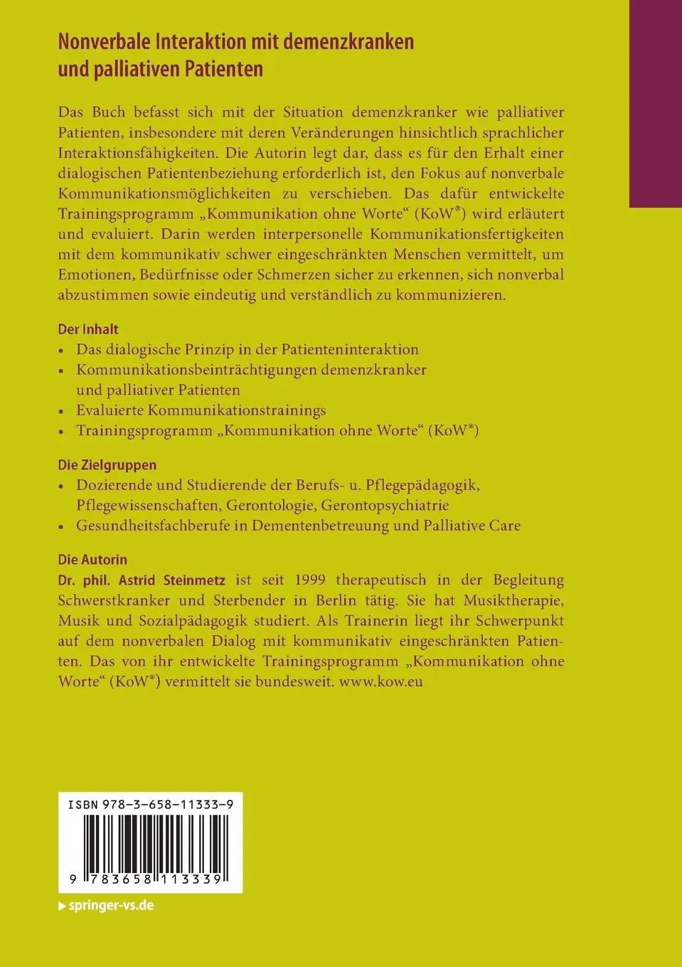 Rückseite: 9783658113339 | Nonverbale Interaktion mit demenzkranken und palliativen Patienten