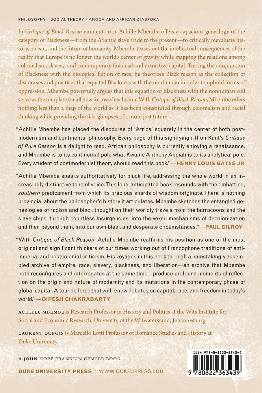 Rückseite: 9780822363439 | Critique of Black Reason | Achille Mbembe | Taschenbuch | Englisch