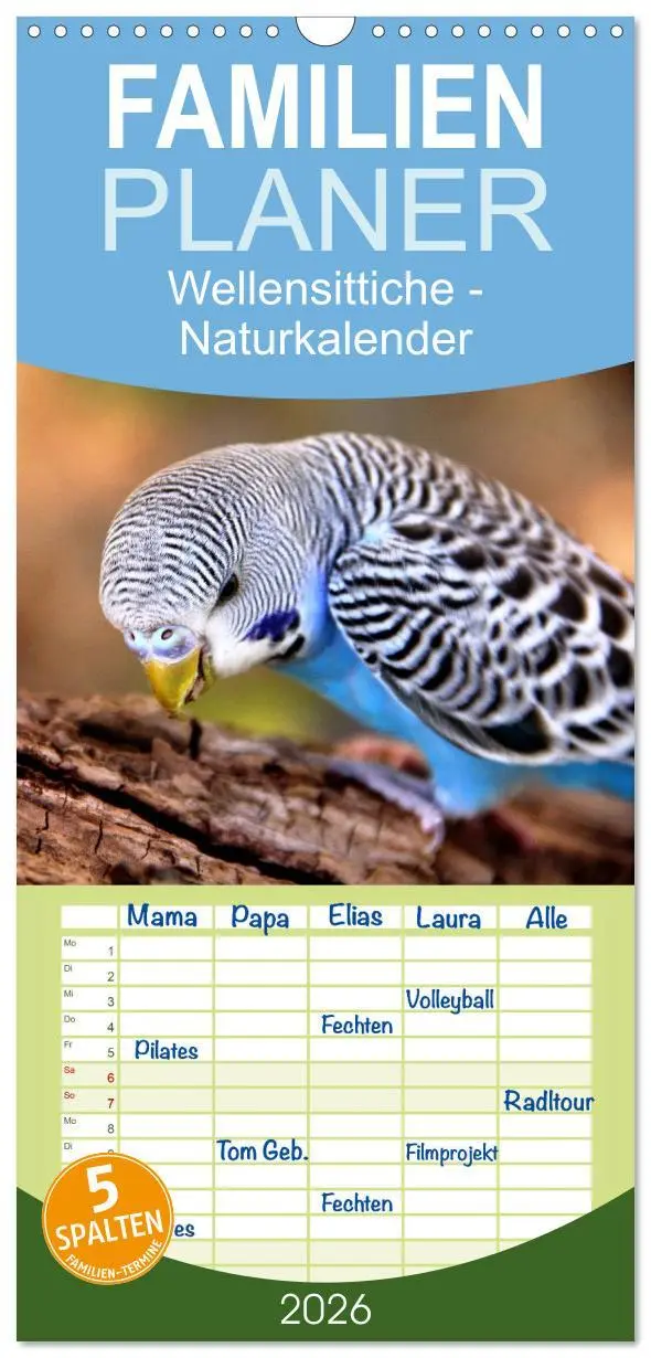 Cover: 9783516523539 | Familienplaner 2026 - Wellensittiche - Naturkalender mit 5 Spalten...