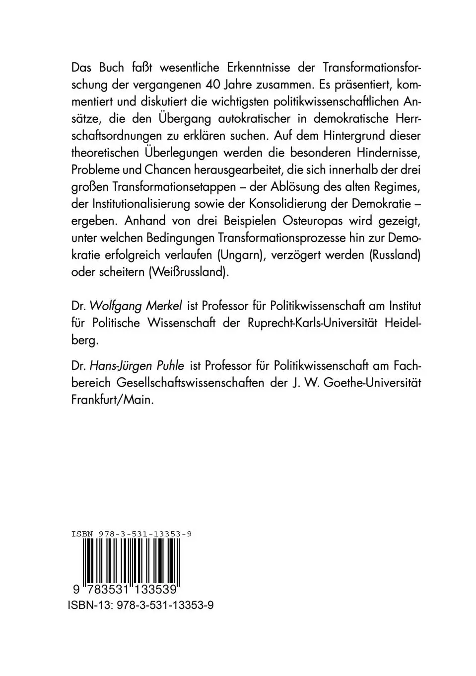 Rückseite: 9783531133539 | Von der Diktatur zur Demokratie | Hans-Jürgen Puhle (u. a.) | Buch