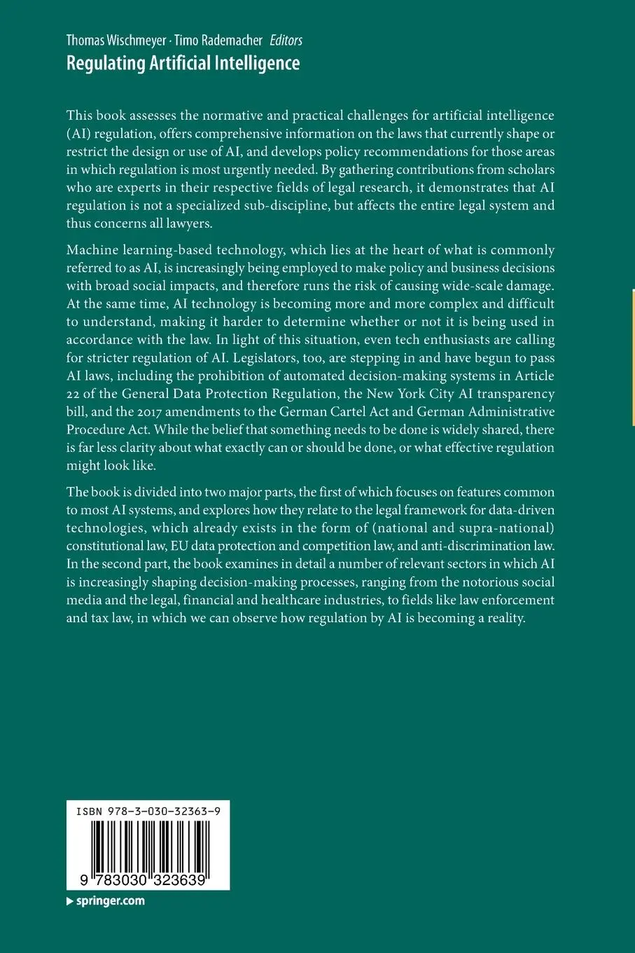 Rückseite: 9783030323639 | Regulating Artificial Intelligence | Timo Rademacher (u. a.) | Buch