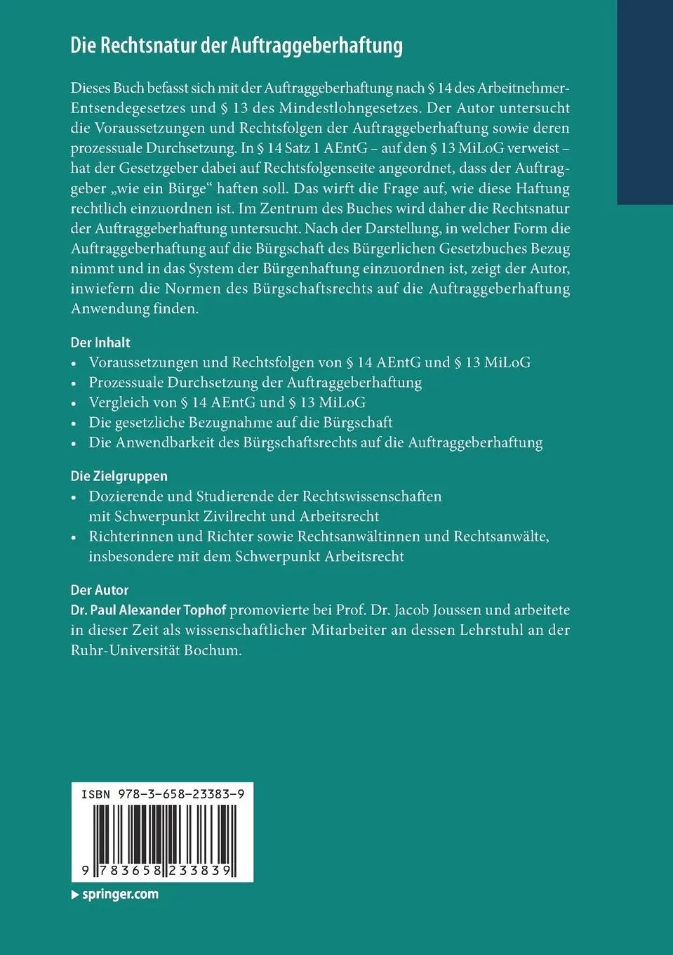 Rückseite: 9783658233839 | Die Rechtsnatur der Auftraggeberhaftung | Paul Alexander Tophof | Buch