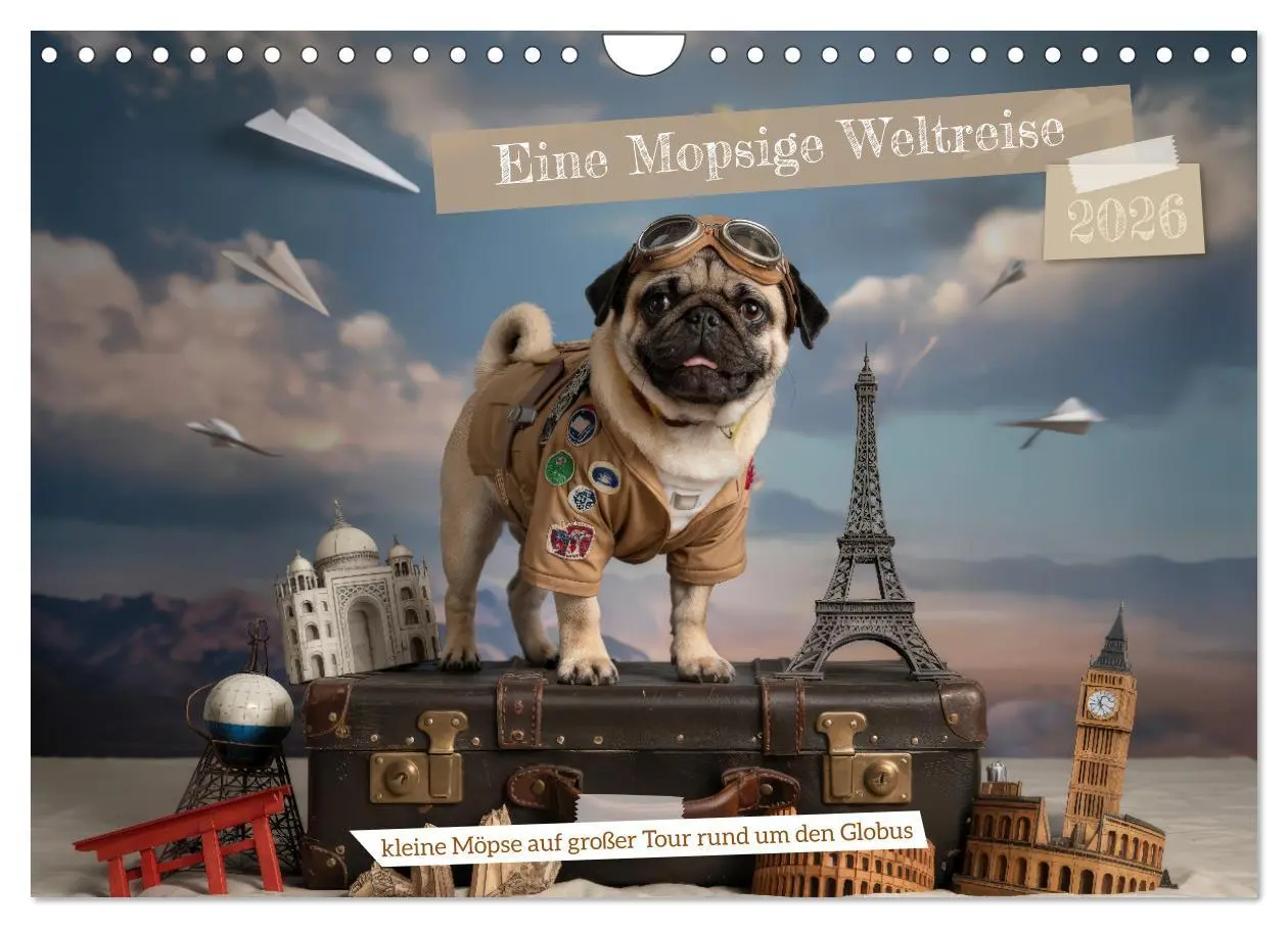 Cover: 9783516164039 | Eine Mopsige Weltreise (Wandkalender 2026 DIN A4 quer), CALVENDO...