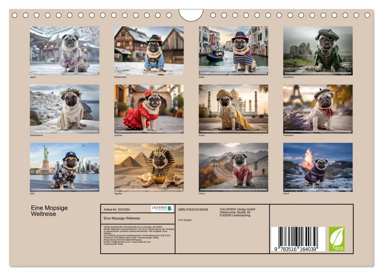 Bild: 9783516164039 | Eine Mopsige Weltreise (Wandkalender 2026 DIN A4 quer), CALVENDO...