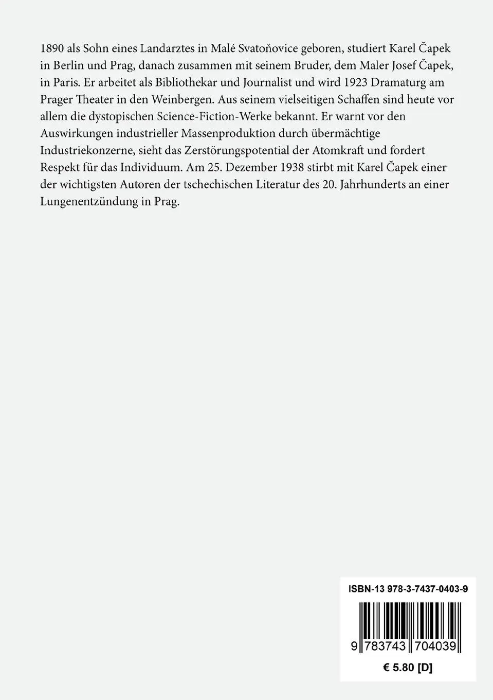 Rückseite: 9783743704039 | W.U.R. Werstands Universal Robots | Karel ¿Apek | Taschenbuch | 104 S.
