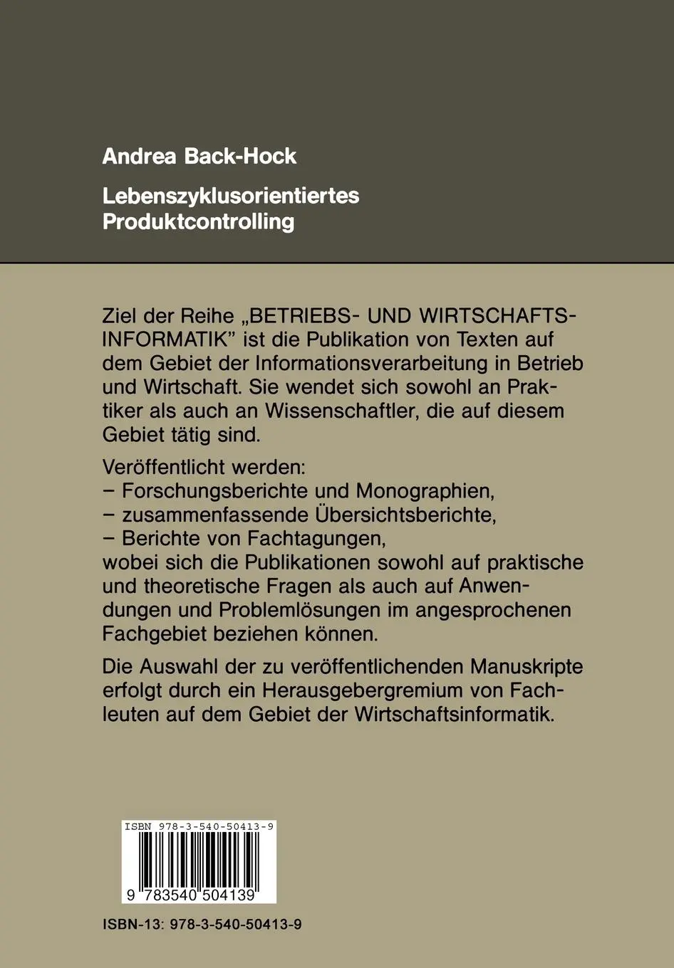 Rückseite: 9783540504139 | Lebenszyklusorientiertes Produktcontrolling | Andrea Back-Hock | Buch
