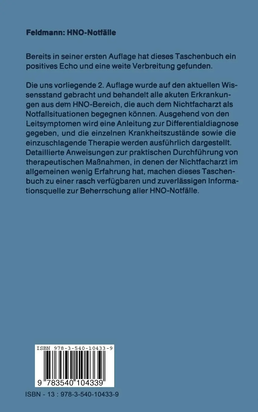 Rückseite: 9783540104339 | HNO-Notfälle | H. Feldmann | Taschenbuch | xiv | Deutsch | 1981