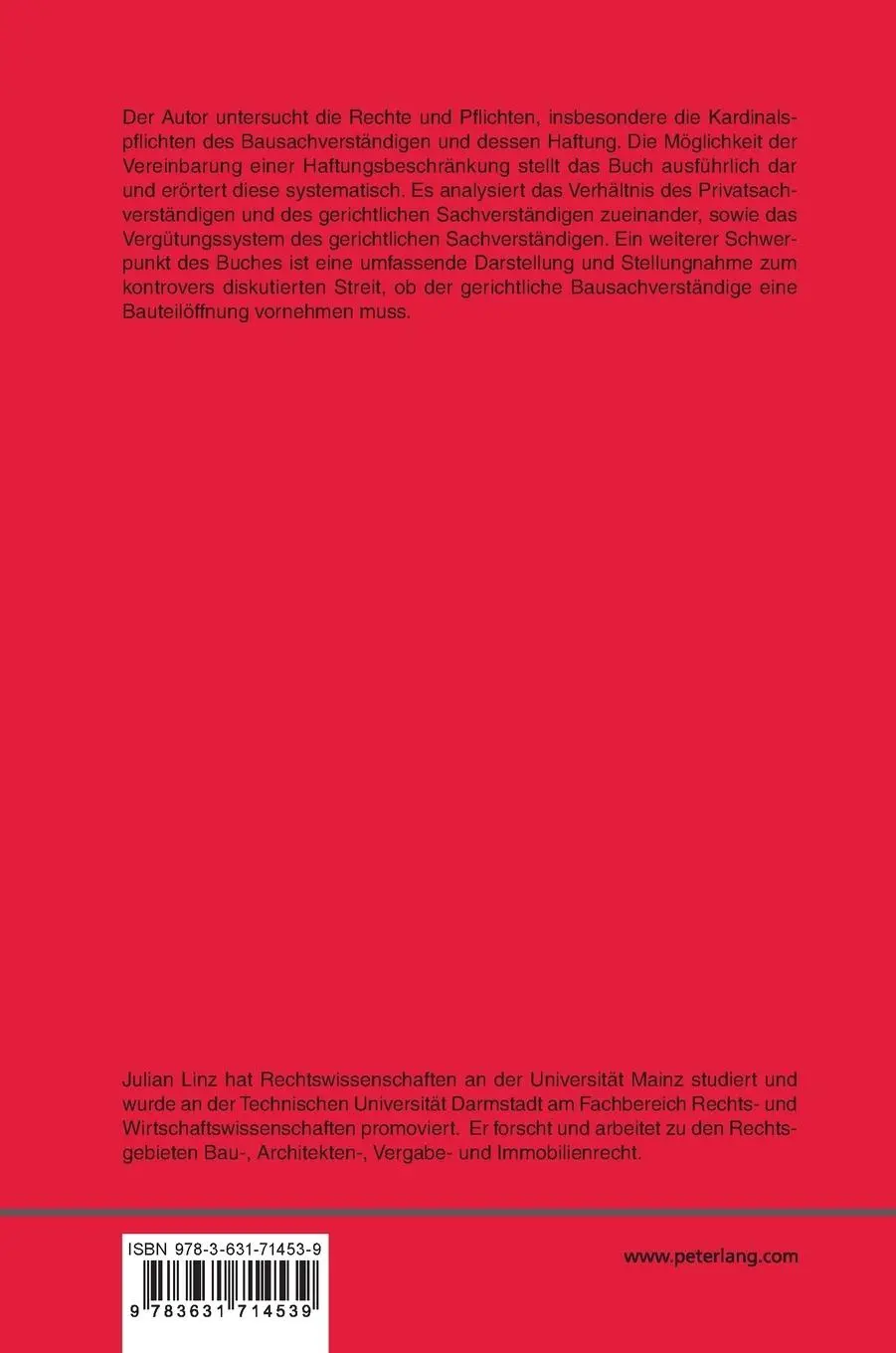 Rückseite: 9783631714539 | Die Haftung des Bausachverständigen ¿ Tätigkeitsfeld und...
