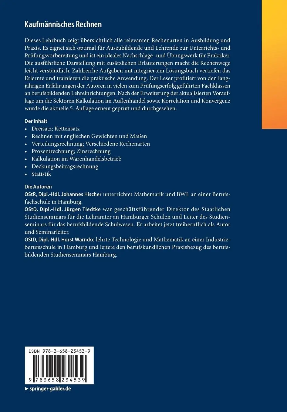Rückseite: 9783658234539 | Kaufmännisches Rechnen | Johannes Hischer (u. a.) | Taschenbuch | X