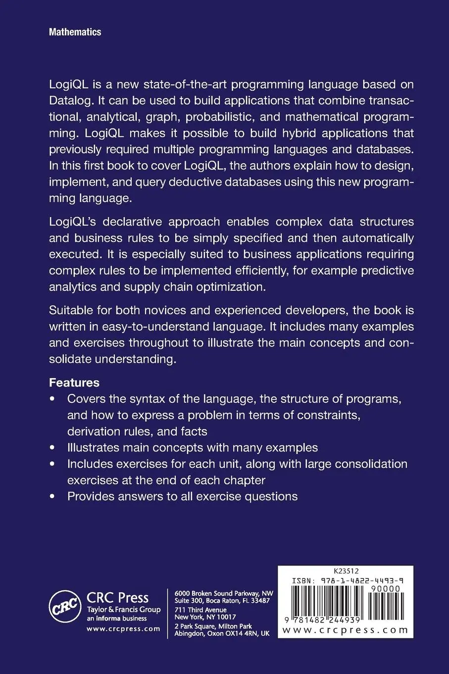 Rückseite: 9781482244939 | LogiQL | A Query Language for Smart Databases | Terry Halpin (u. a.)