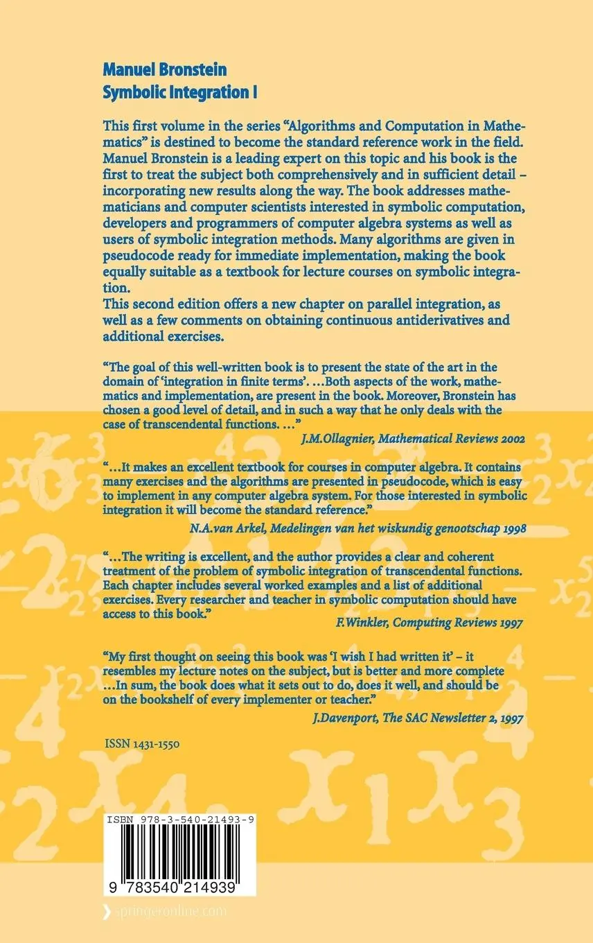 Rückseite: 9783540214939 | Symbolic Integration I | Transcendental Functions | Manuel Bronstein