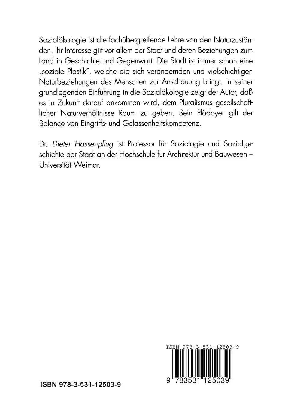 Rückseite: 9783531125039 | Sozialökologie | Ein Paradigma | Dieter Hassenpflug | Taschenbuch