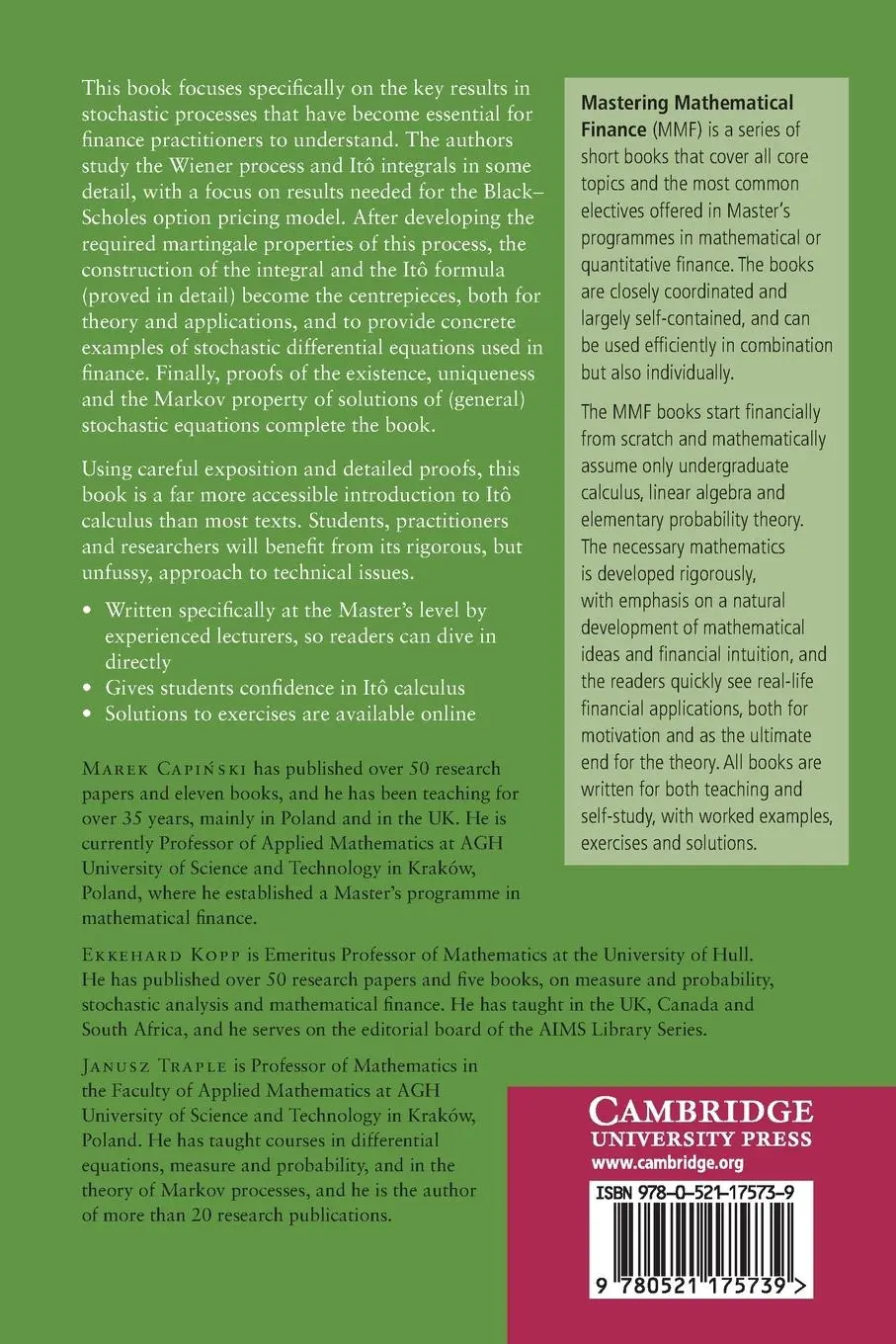 Rückseite: 9780521175739 | Stochastic Calculus for Finance | Marek Capi¿ski (u. a.) | Taschenbuch