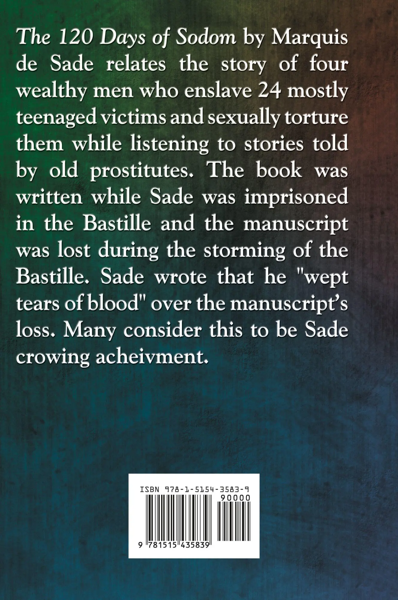 Rückseite: 9781515435839 | The 120 Days of Sodom | Marquis De Sade | Buch | Gebunden | Englisch