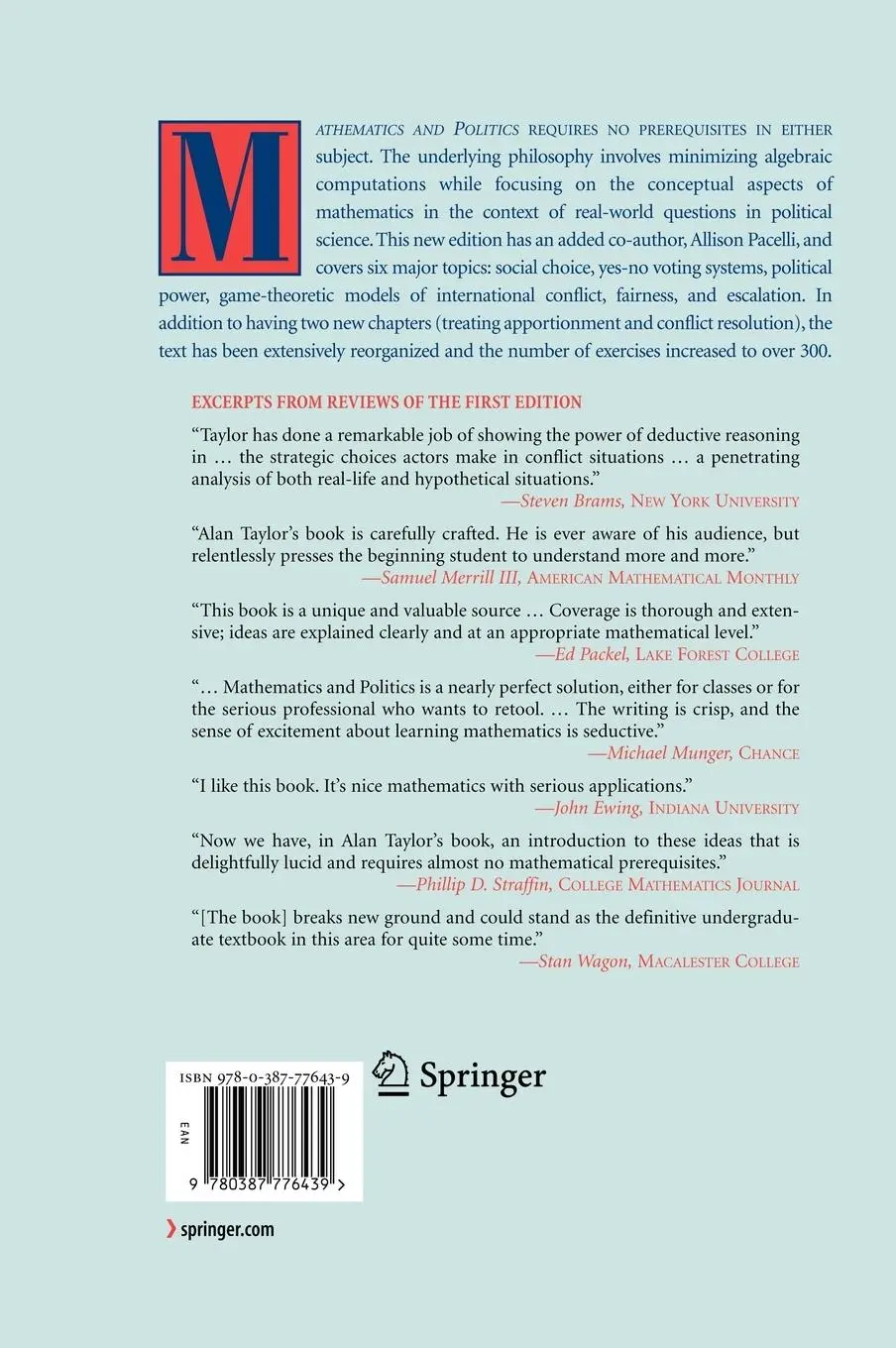 Rückseite: 9780387776439 | Mathematics and Politics | Strategy, Voting, Power, and Proof | Buch