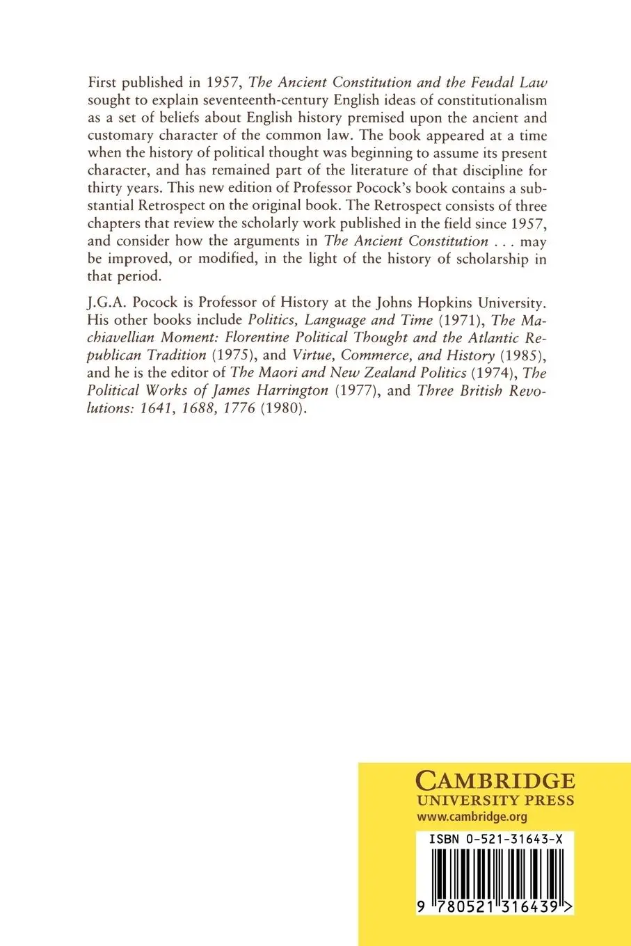 Rückseite: 9780521316439 | The Ancient Constitution and the Feudal Law | J. G. A. Pocock | Buch