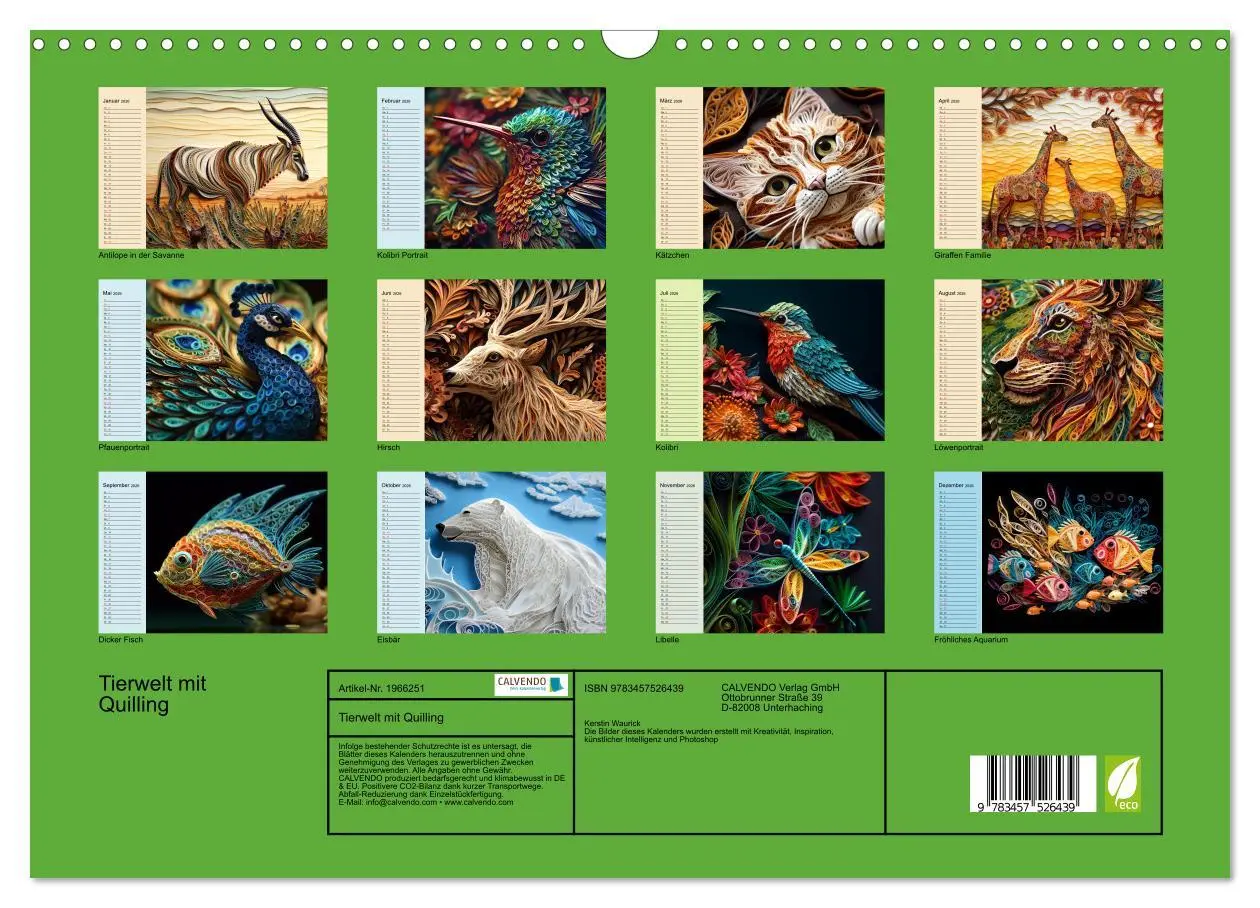 Bild: 9783457526439 | Tierwelt mit Quilling (Wandkalender 2026 DIN A3 quer), CALVENDO...