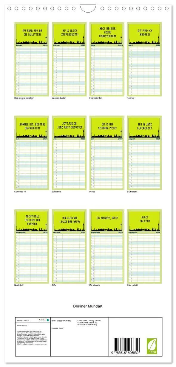 Bild: 9783516506839 | Familienplaner 2026 - Berliner Mundart mit 5 Spalten (Wandkalender,...