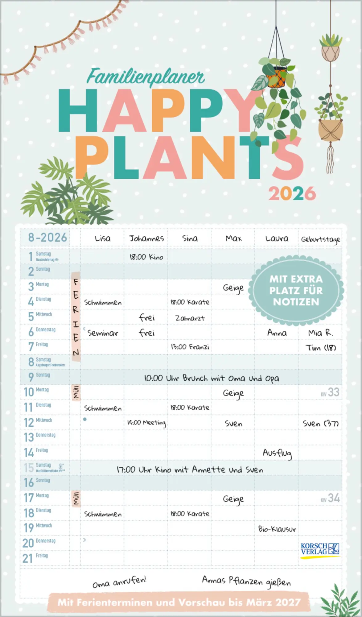 Cover: 9783731886839 | Familienplaner Happy Plants 2026 | Verlag Korsch | Kalender | 14 S.